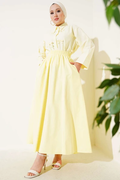Keten Kloş Beli Lastikli Etek Sarı - Resim 2