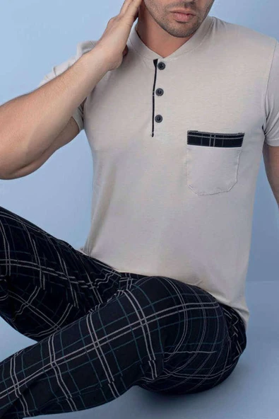 Göğüs Cep Detaylı Kısa Kol Erkek Pijama Bej - Resim 2