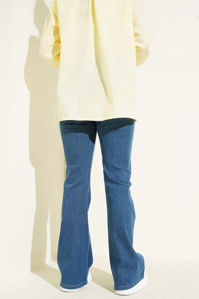 Dikişli İspanyol Paça Kot Pantolon Mavi - Resim 3