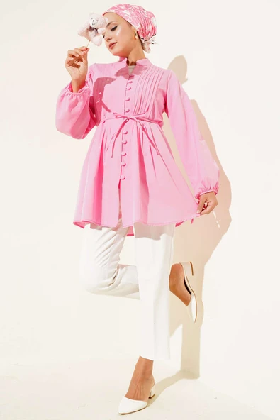 Brit Düğmeli Nervürlü Tunik Fusya - Resim 2