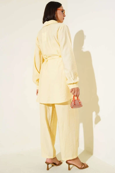 Gömlek Yaka Bel İp Kuşaklı İkili Takım Tereyağ Sarısı - 3