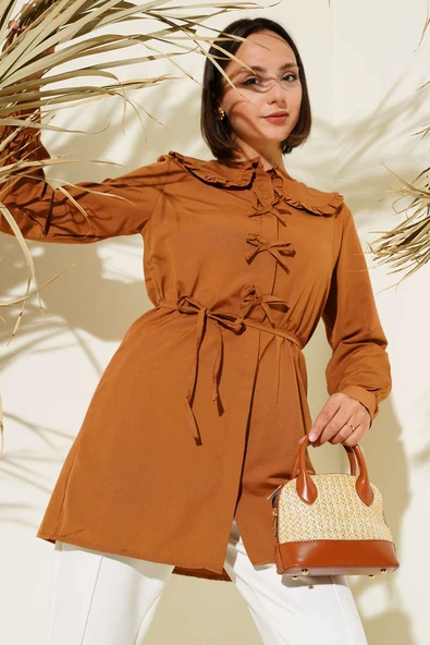 Yaka Fırfırlı Fiyonklu Tunik Taba ürün görseli