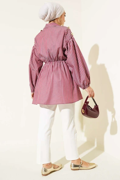 Çizgili Balon Kol Bel Lastikli Tunik Bordo - Resim 3