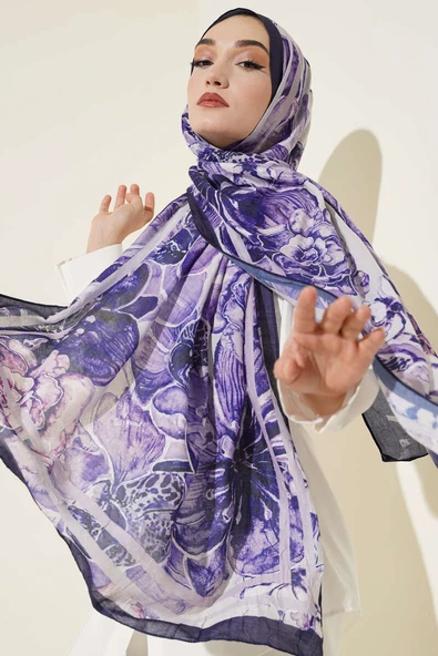 Şerit Geçişli Otantik Desenli Şal Lacivert ürün görseli 1