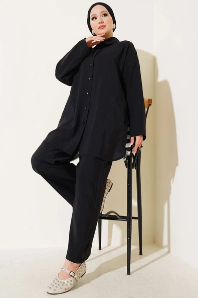 Arkası Çizgi Detaylı İkili Takım Siyah - Resim 2