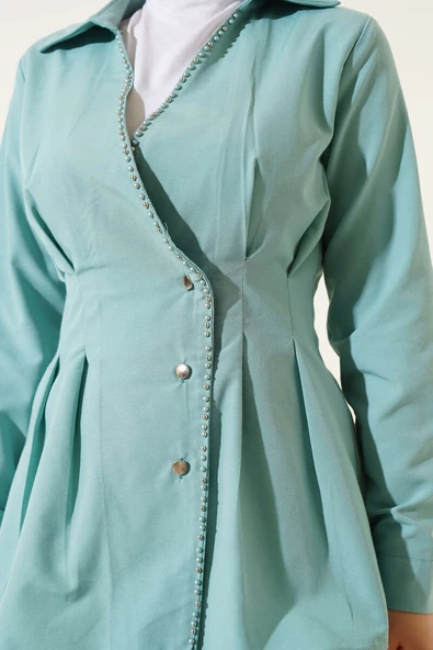 İnci Detaylı Belden Pileli Gömlek Mınt - Resim 4