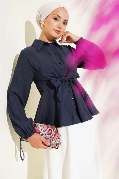 Ön Bağlamalı Kol Lastikli Tunik Lacivert ürün görseli