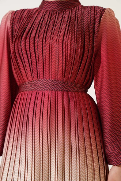 Zikzak Desenli Piliseli Abiye Elbise Kiremit - Resim 4