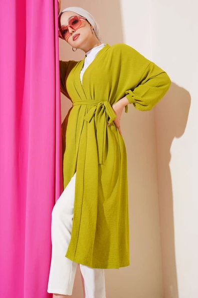 Bilek Bağlamalı Uzun Kimono Yağ Yeşili ürün görseli 1