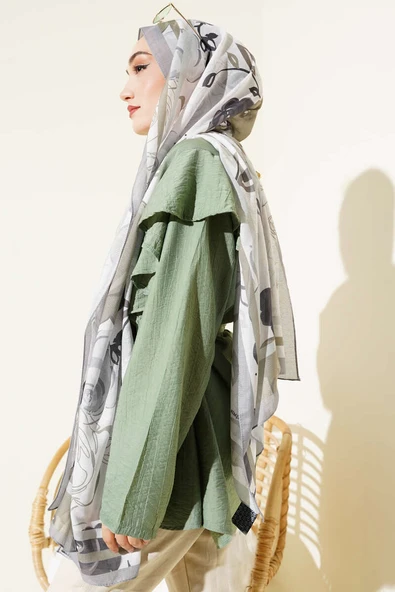 Gül Motifli Şal Gri - Resim 3