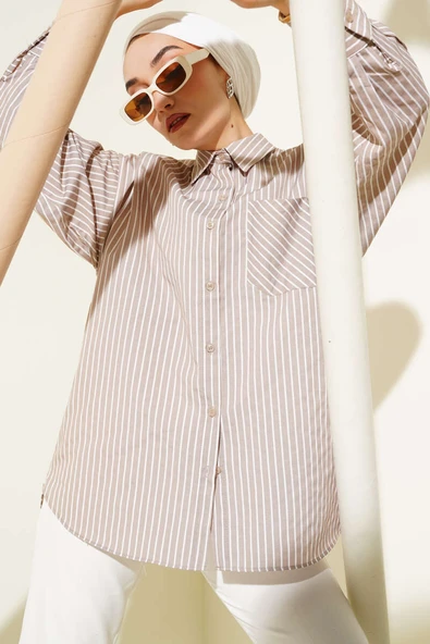 Salaş İnce Çizgili Gömlek Latte ürün görseli 1