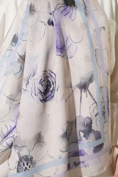 Çiçekli Şerit Geçiş Detaylı Şal Bej - Resim 4