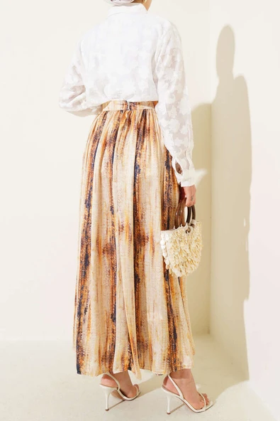 Desenli Pileli Saten Etek Sarı - 3