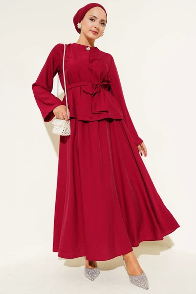 Belden Bağlamalı Etekli İkili Takım Bordo ürün görseli 1