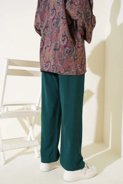 Beli Lastikli Tencel Pantolon Zümrüt - Resim 3