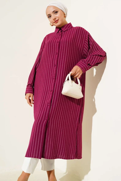 Yanı Yırtmaçlı Çizgili Uzun Gömlek Mürdüm - Resim 2