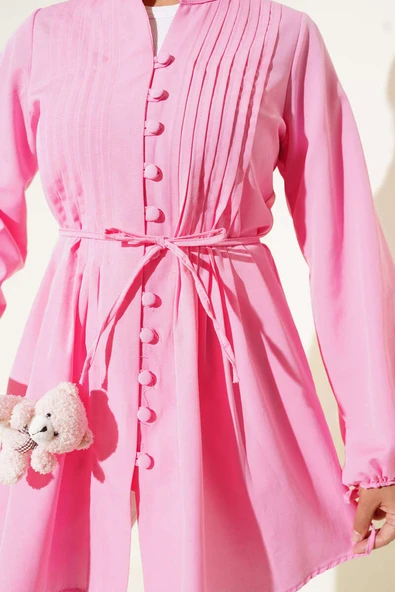 Brit Düğmeli Nervürlü Tunik Fusya - Resim 4