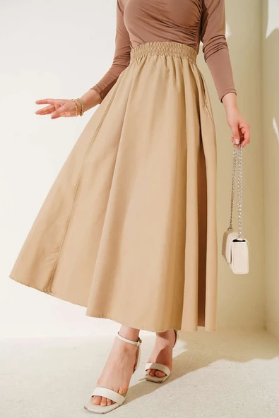 Kloş Beli Lastikli Cepli Etek Latte ürün görseli 1