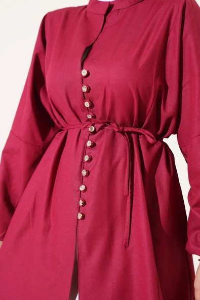 Taşlı Brit Düğmeli Terikoton Gömlek Bordo - Resim 4