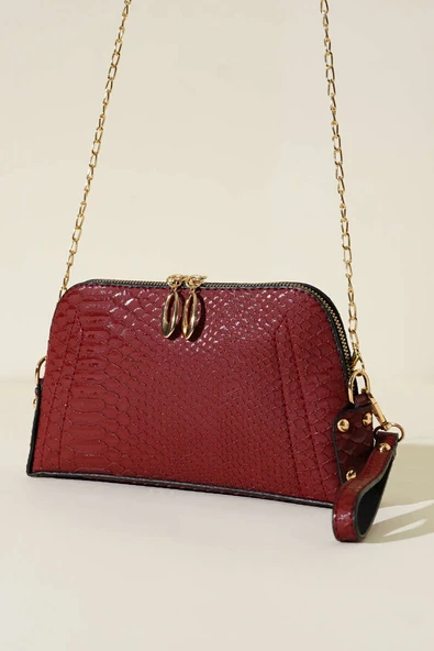 Fermuarlı Zincir Askılı Çanta Bordo Kroko ürün görseli 1