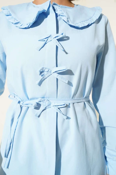 Yaka Fırfırlı Fiyonklu Tunik Buz Mavisi - Resim 4