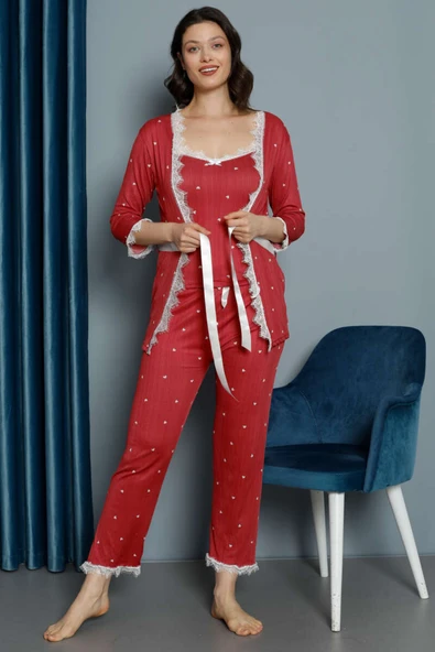 Kalp Baskılı Dantel Sabahlıklı 3lü Pijama Takım Bordo ürün görseli 1