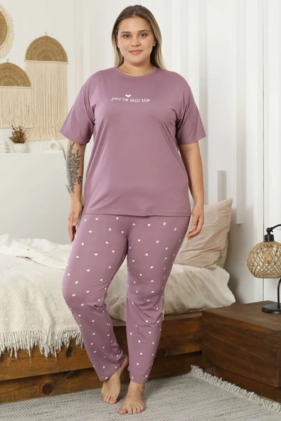 Kalp Baskılı Kısa Kol Büyük Beden Pijama Takım Lila - Resim 2