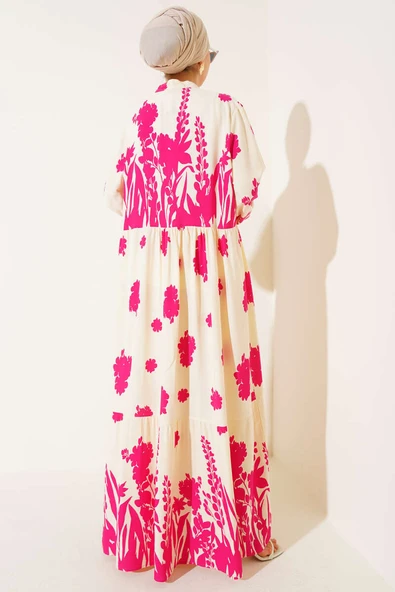 Yaka Bağcıklı Desenli Elbise Fusya - Resim 3