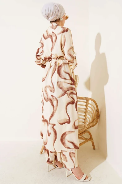 Bel Tünelli Desenli Uzun Gömlek İkili Takım Kahve - Resim 3