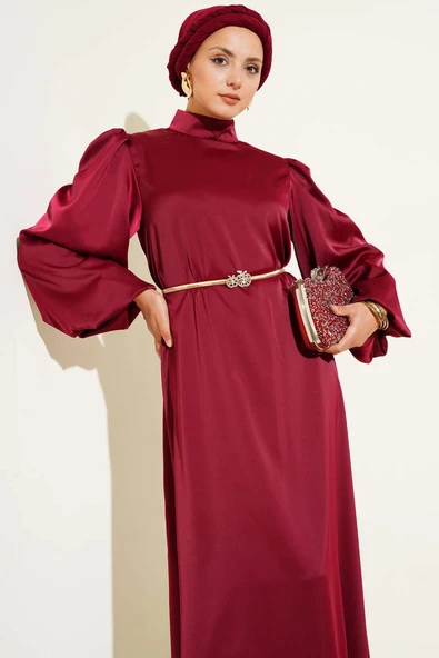 Balon Kol Saten Abiye Bordo - Resim 2