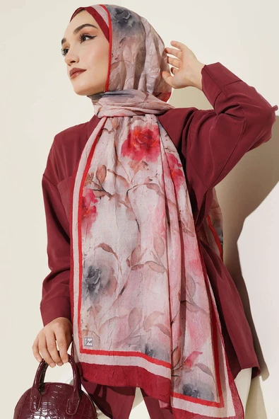 Flower Desen Bambu Kraş Şal Bordo - Resim 2