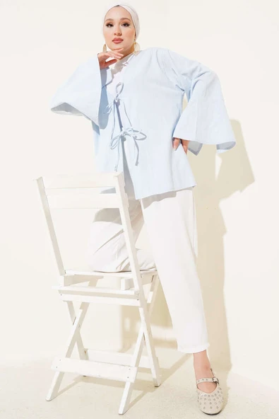 Önü Bağcıklı Geniş Kol Kimono Mavi - 2