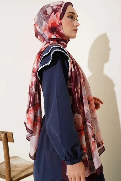 Ebruli Çiçek Şerit Geçişli Şal Koyu Kahve - Resim 3