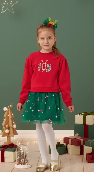 Kız Çocuk Joy Baskılı Tüllü Yıllbaşı Elbisesi NBK-24908 ürün görseli