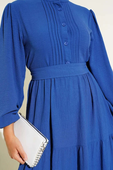 Yarım Piliseli Düğmeli Elbise Indıgo - Resim 4