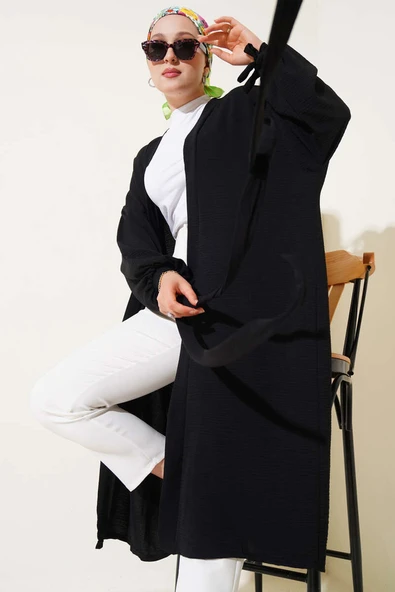 Bilek Bağlamalı Uzun Kimono Siyah