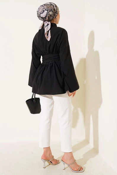 Kendinden Kuşaklı Önü Büzgülü Tunik Siyah - Resim 3
