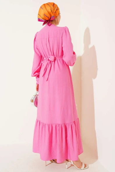 Etek Pileli Kuşaklı Elbise Pembe - 3