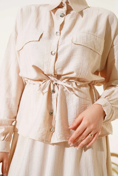 Bel Tünelli Cep Kapaklı Etekli İkili Takım Bej - Resim 4