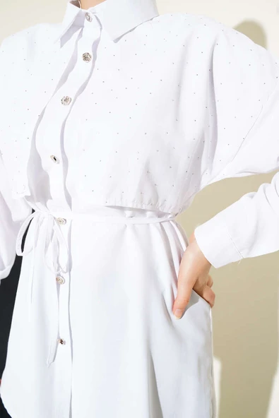 Mini Taşlı Pelerinli Tunik Beyaz - Resim 4