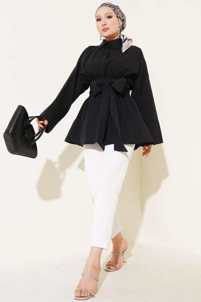 Kendinden Kuşaklı Önü Büzgülü Tunik Siyah ürün görseli 1