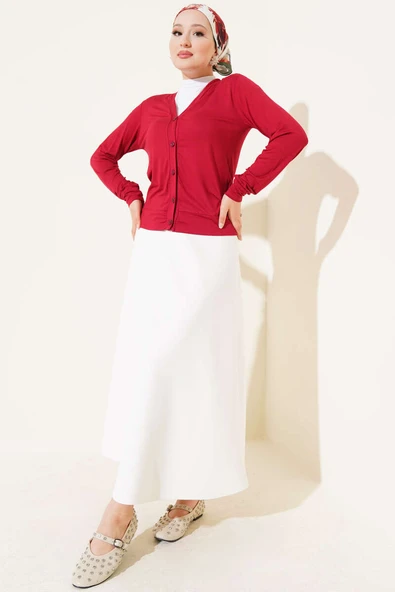 Düğmeli Kısa Viskon Hırka Bordo - Resim 2