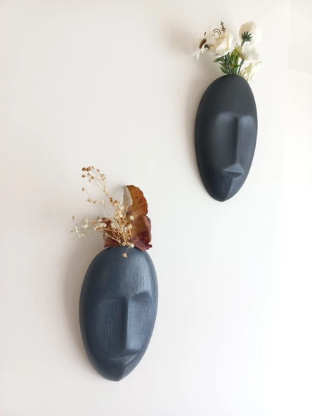 Dekoratif 2'li Yüz Duvar Vazosu, Duvar Süsü ,Heykel Aksesuar Siyah Antrasit Maske - Resim 2