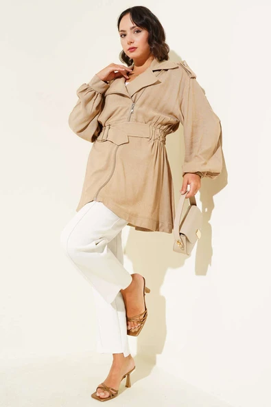 Çapraz Fermuarlı Kemerli Ceket Camel - Resim 2