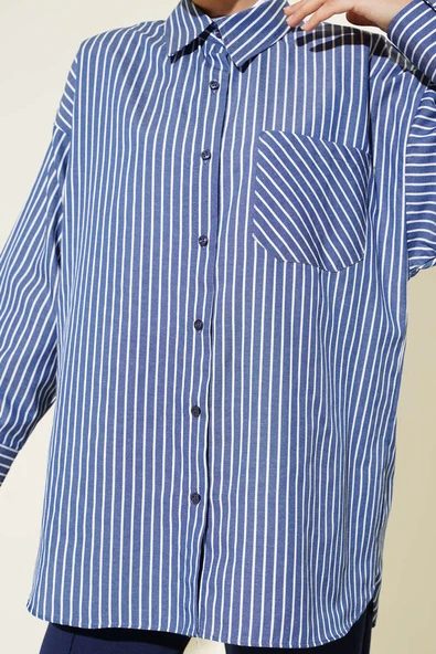 Salaş İnce Çizgili Gömlek Lacivert - Resim 4