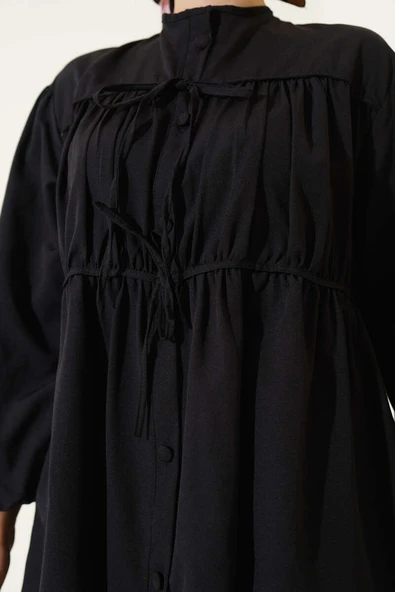 Fiyonklu Büzgülü Gömlek Siyah - Resim 4