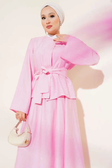 Belden Bağlamalı Etekli İkili Takım Pembe - Resim 2