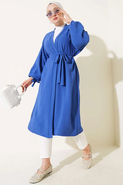 Bilek Bağlamalı Uzun Kimono İndigo ürün görseli 1