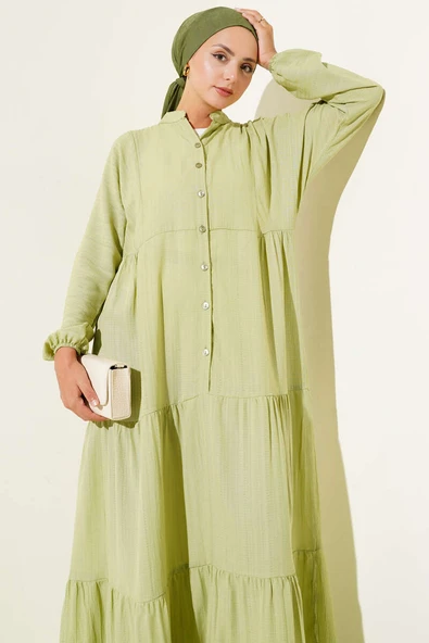 Yarım Düğmeli Patlı Kat Elbise Çağla Yeşili - Resim 2