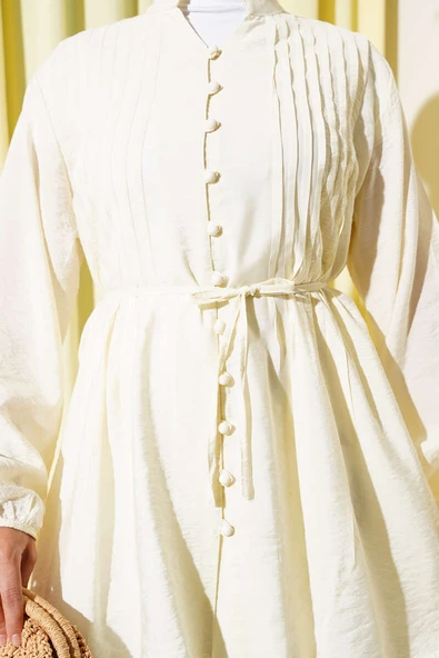 Önü Pileli Düğmeli Gömlek Sarı - Resim 4